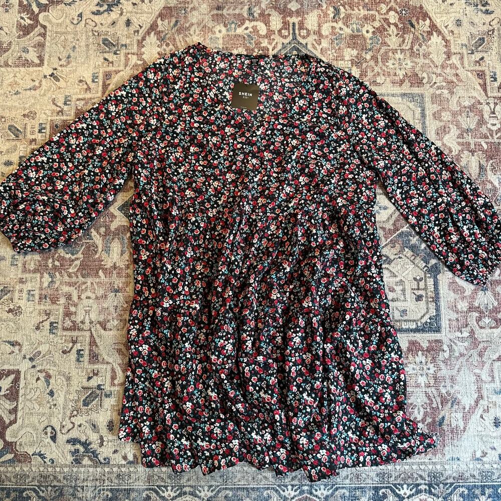NWT Shein black red floral long sleeve fit flare dress SIZE 22